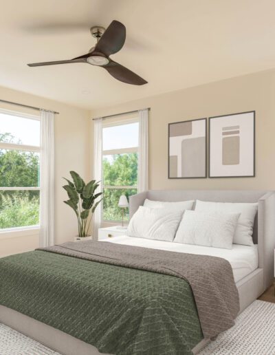A modern bedroom with large windows, a grey upholstered bed with green and beige bedding, two white nightstands, a potted plant, and wall art above the headboard.